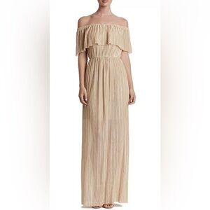 DRESS THE POPULATION ATHENA OFF THE SHOULDER PLEATED DRESS SIZE XS GOLD SHIMMER